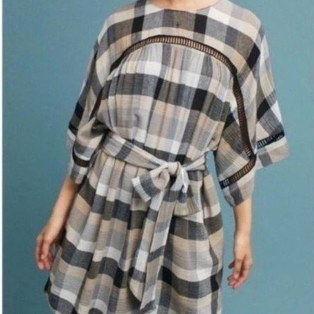 Maeve Anthropologie Dress Womens Plaid Check Mini Tan Black Short Sleeve Sz Smal